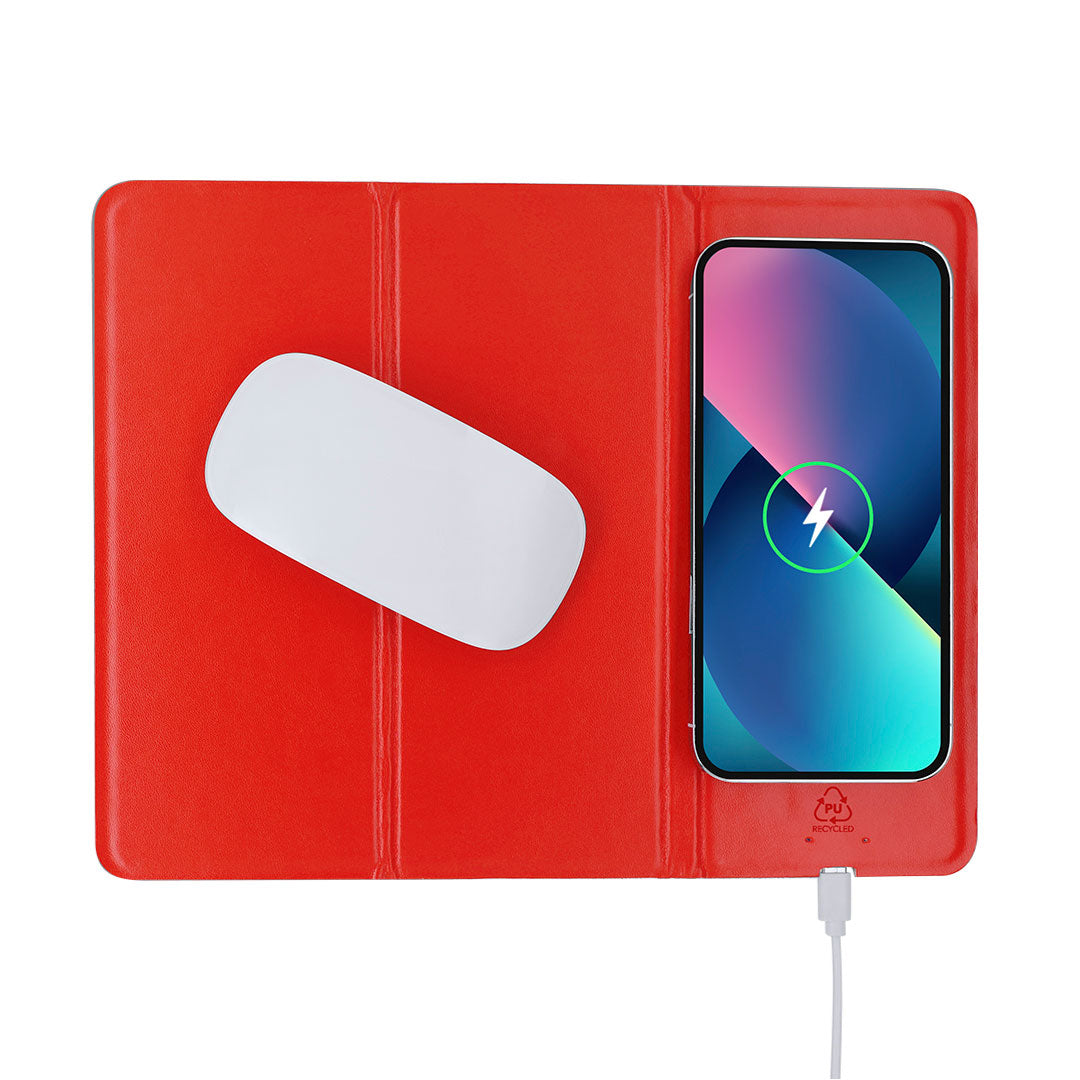 Alfombrilla de ratón reciclada con cargador inalámbrico, base antideslizante y soporte para móvil