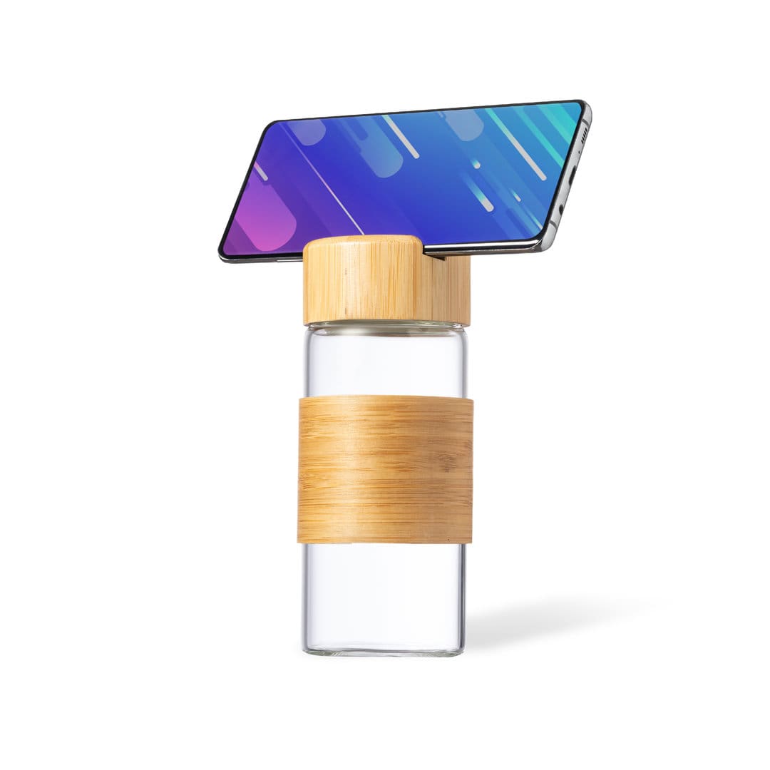 Bidón Multifunción de Cristal y Bambú 450 ml – Soporte para movil