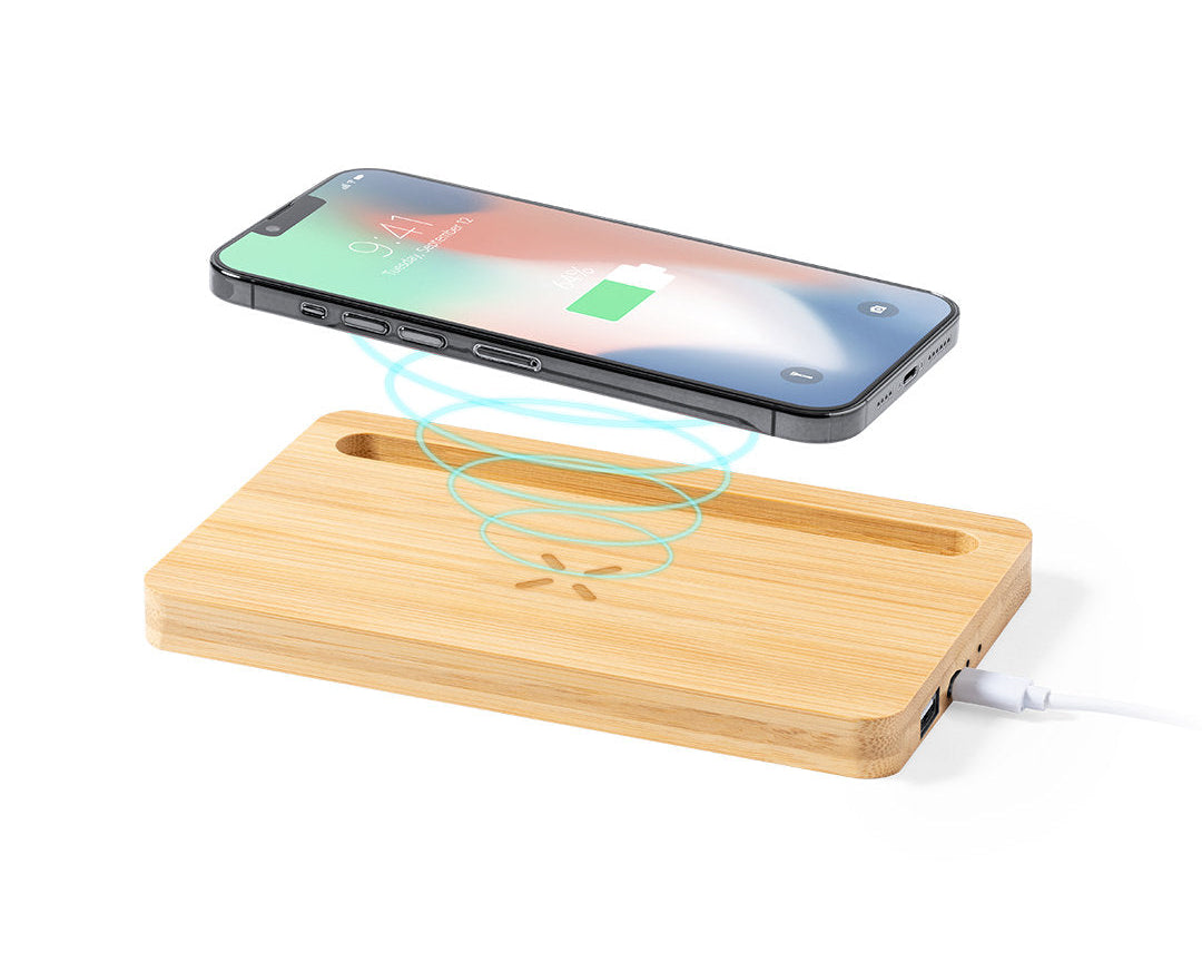 Power Bank 15W con soporte y organizador de bambú