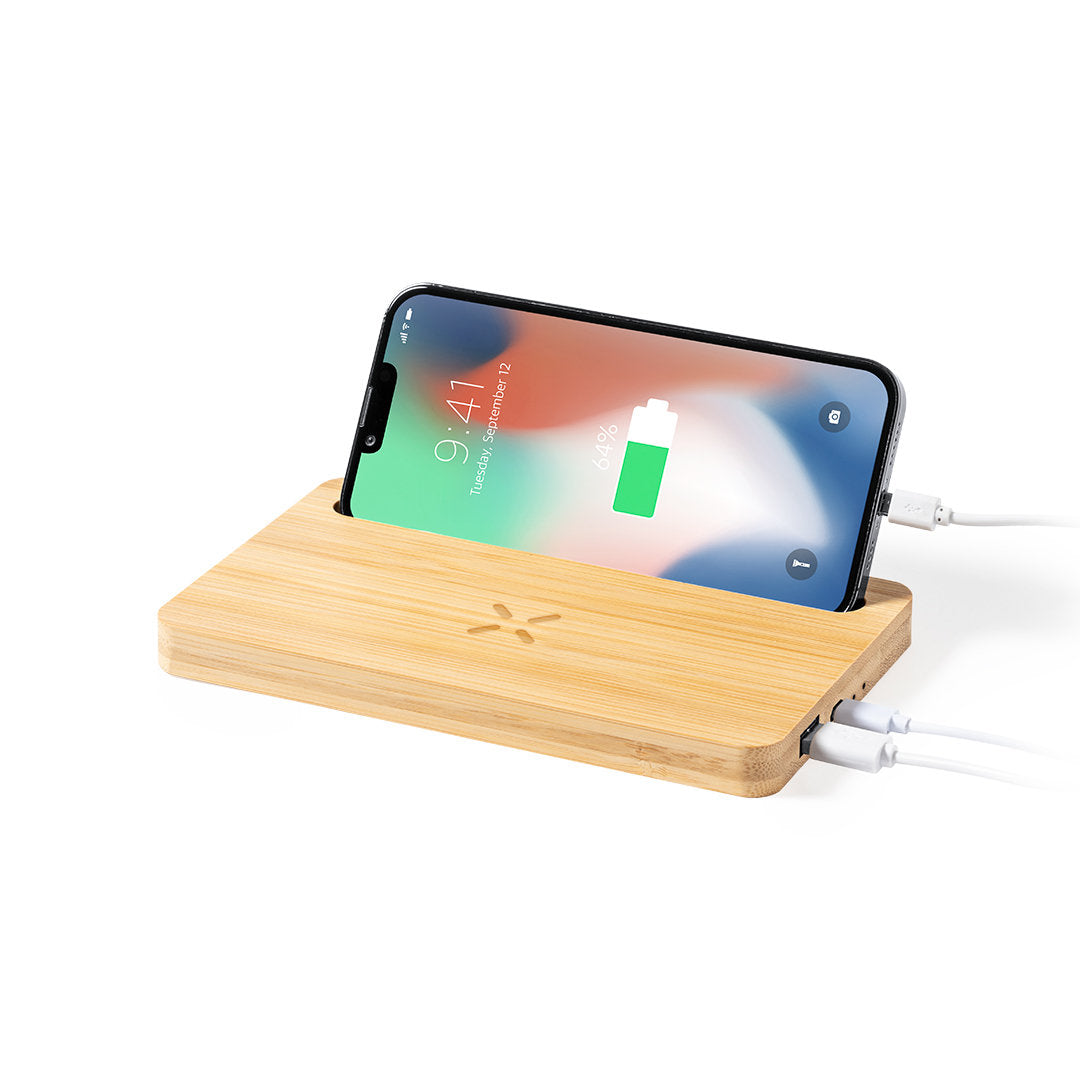 Power Bank 15W con soporte y organizador de bambú