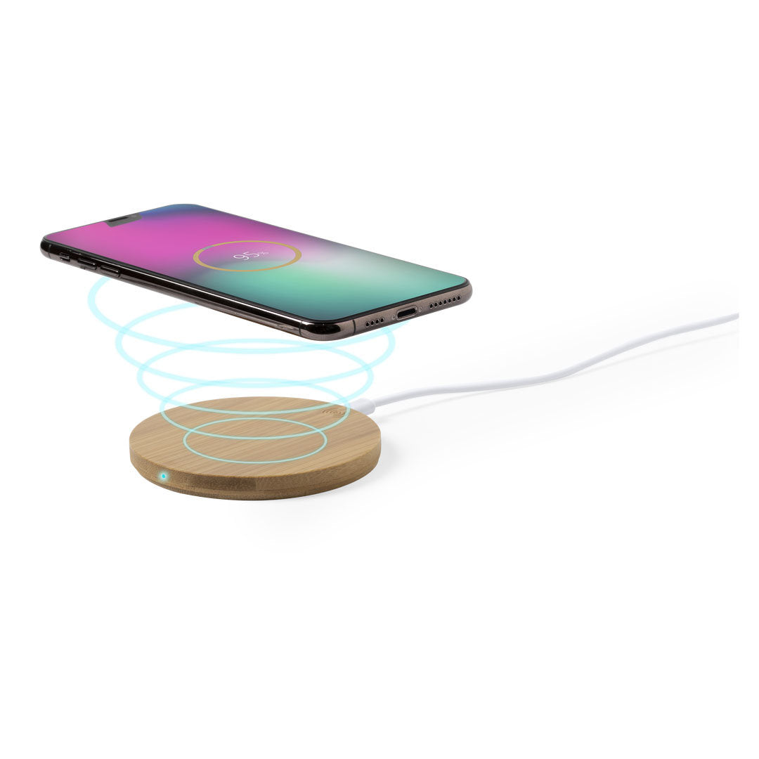 Power bank Qi Redondo con carcasa de bambú sostenible