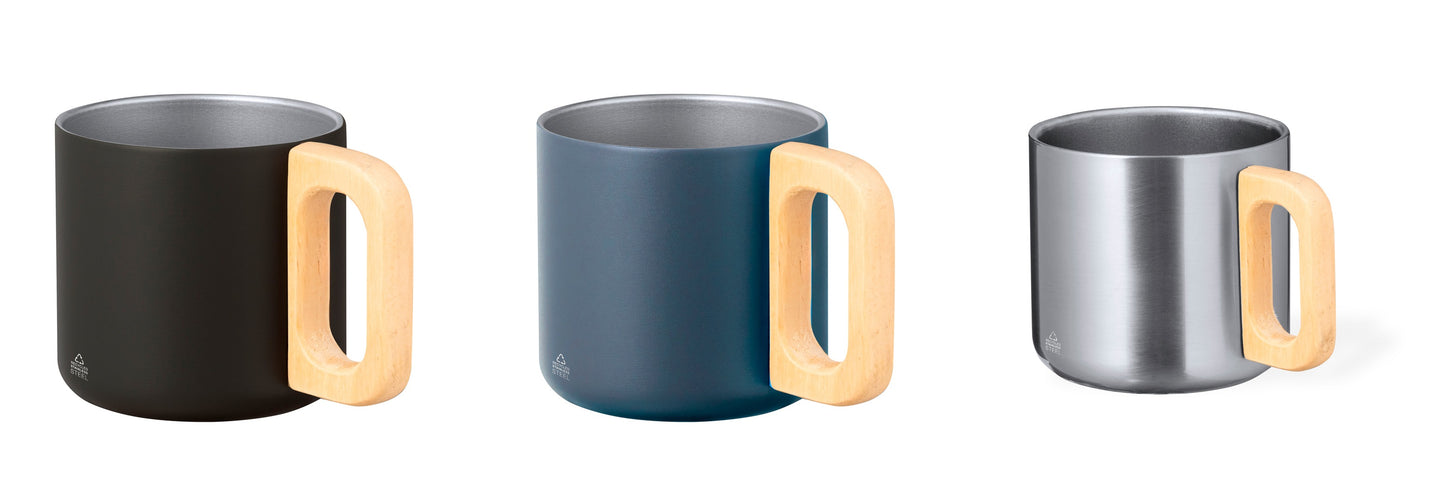 Taza de acero reciclado con asa de madera