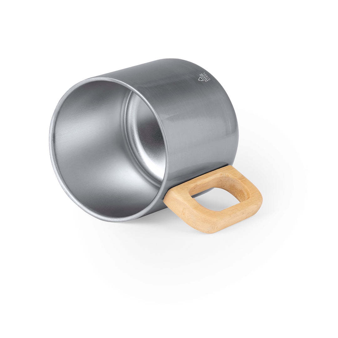 Taza de acero reciclado con asa de madera
