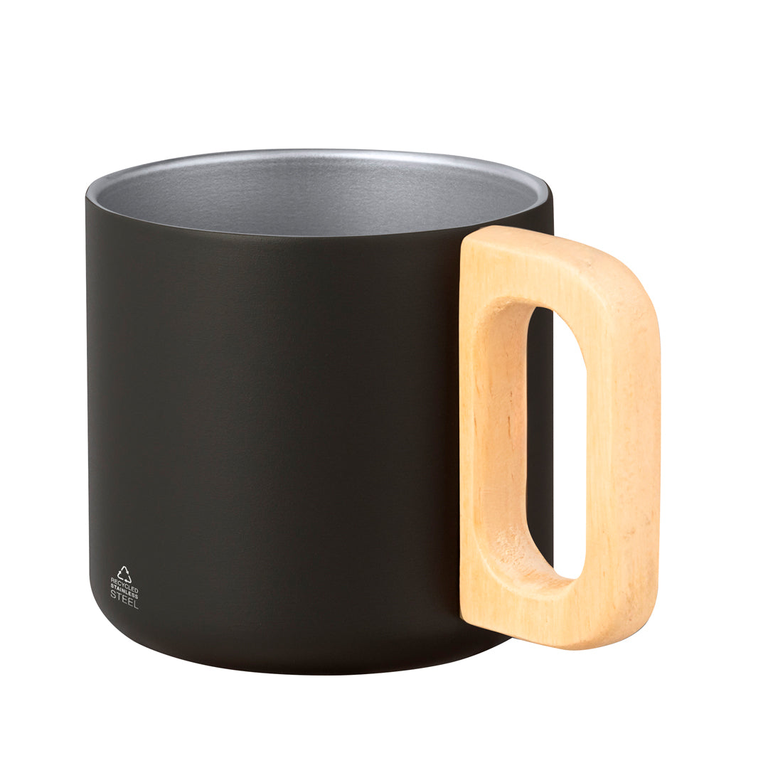 Taza de acero reciclado con asa de madera