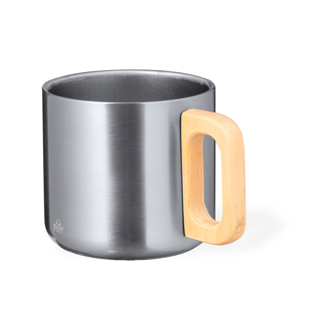 Taza de acero reciclado con asa de madera