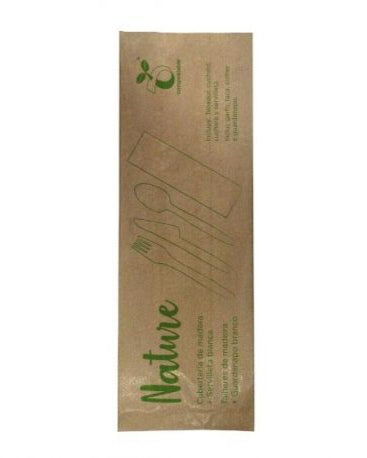 Set 2 de cubiertos de madera + servilleta blanca (200 uds)