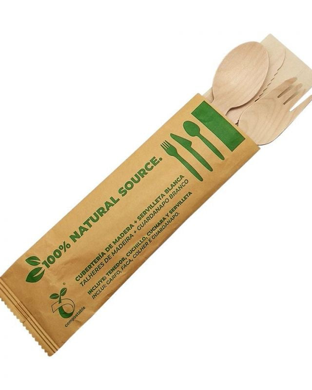 Set de cubiertos de madera + servilleta blanca (500 uds)