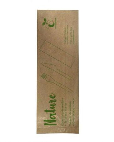 Set 1 de cubiertos de madera + servilleta blanca (200 uds)