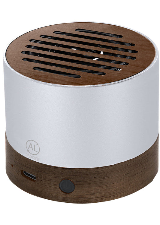 Altavoz compacto con carcasa de aluminio reciclado y madera