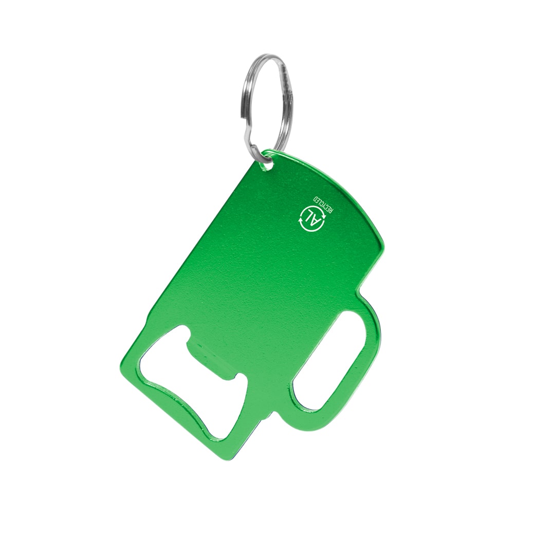 Llavero abridor ecológico de aluminio reciclado con diseño de jarra