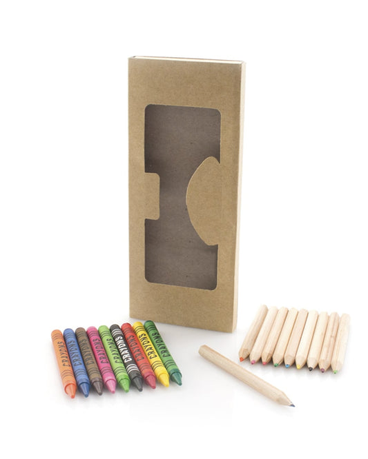 Set de ceras y lápices de colores en estuche de cartón reciclado