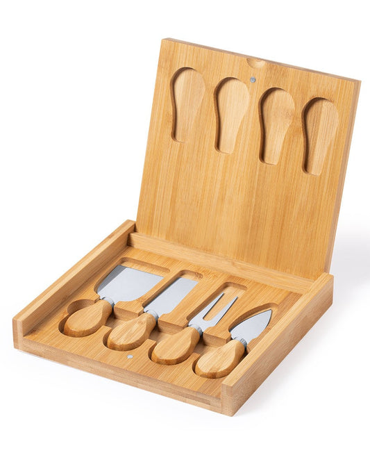 Set de cuchillos para quesos 4 Piezas – Mango bambú y caja plegable