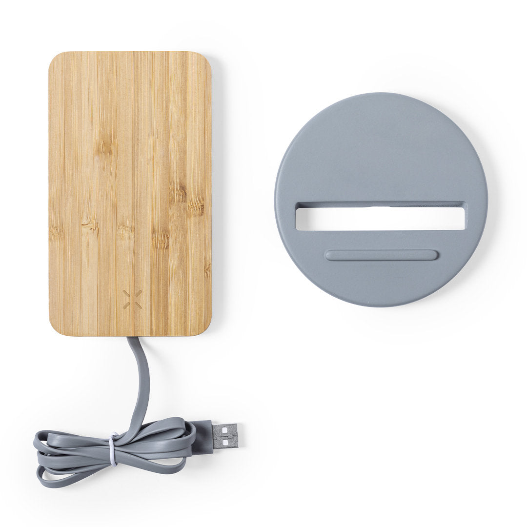 StoneWood Charge – Cargador Inalámbrico 10W con Soporte en Cemento Calizo y Bambú